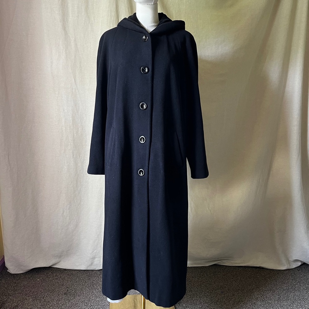 Vintage‎ Forecaster of Boston Black Wool Cashmere Hooded Long Coat Size 12